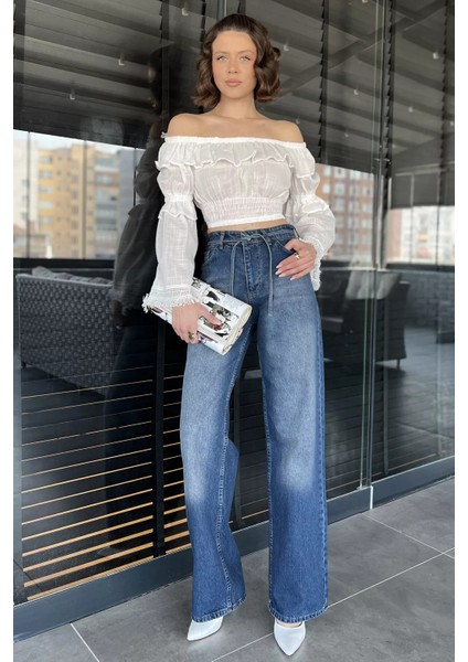 Bel Bağlamalı Bol Paça Kadın Jean Kot Pantolon fiyatları