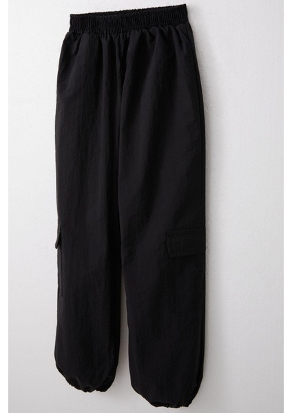 Kız Çocuk Paraşüt Jogger Paça Pantolon Kargo Cep 7-12 Yaş, Siyah