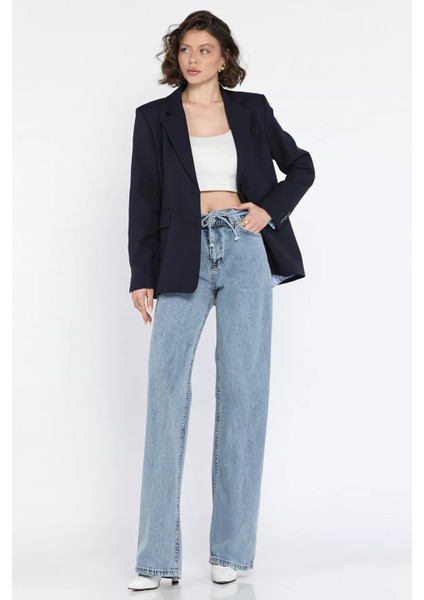 Bel Bağlamalı Bol Paça Kadın Jean Kot Pantolon