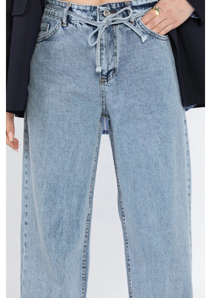 Bel Bağlamalı Bol Paça Kadın Jean Kot Pantolon fırsatları