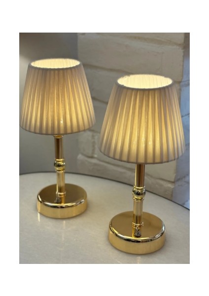 Osmanlı Ipeği Pileli Kablosuz Masa Lambası -Alt Uzun Parlak Gold LED Işık