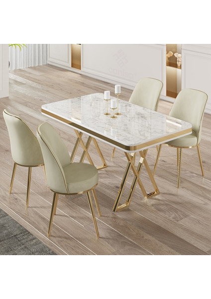Vals Serisi 80 x 130 Lak Panel Beyaz Mermer Desen Gold Ayak Masa Takımı ve 4 Krem Sandalye
