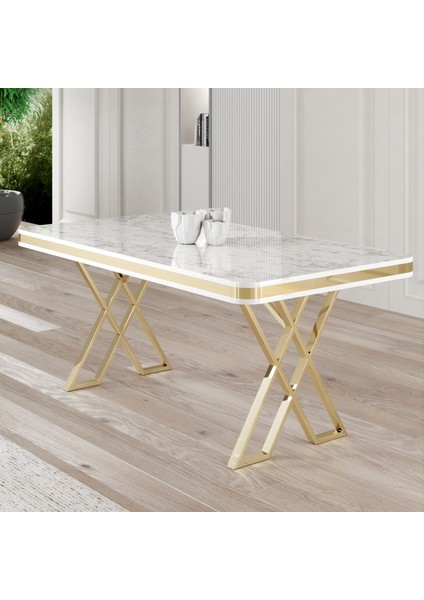 Vals Serisi 80 x 130 Lak Panel Beyaz Mermer Desen Gold Ayak Masa Takımı ve 4 Krem Sandalye