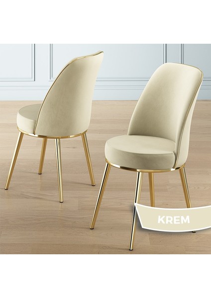 Vals Serisi 80 x 130 Lak Panel Beyaz Mermer Desen Gold Ayak Masa Takımı ve 4 Krem Sandalye
