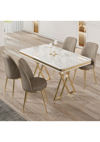 Vals Serisi 80 x 130 Lak Panel Beyaz Mermer Desen Gold Ayak Masa Takımı ve 4 Cappucino Sandalye