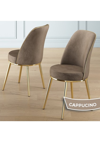 Vals Serisi 80 x 130 Lak Panel Beyaz Mermer Desen Gold Ayak Masa Takımı ve 4 Cappucino Sandalye