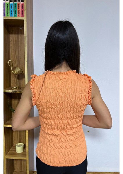 Kadın Slim Fit Sıfır Kol Gofre Kumaş Turuncu Bluz ,kadın Bluz fırsatları