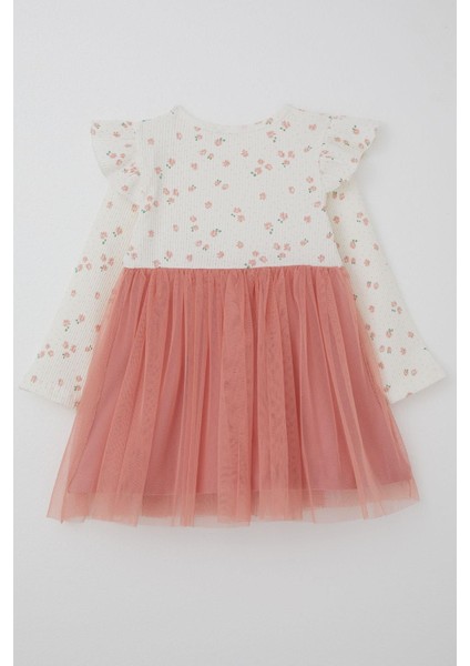 Kız Çocuk Uzun Kollu Elbise Çiçekli Fiyonklu Tüllü 1.5-5 Yaş, Ekru fiyatları