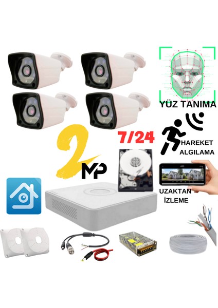 4 Kameralı 2 Mp Yüz Algılamalı Güvenlik Kamerası Kuruluma Hazır Set 320 GB HDD Dahil