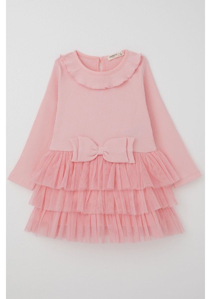 Kız Çocuk Uzun Kollu Elbise Kat Kat Tüllü Fiyonklu 1.5-5 Yaş, Pembe