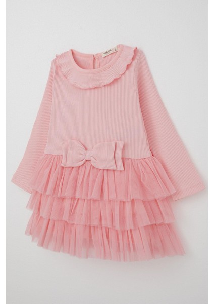 Kız Çocuk Uzun Kollu Elbise Kat Kat Tüllü Fiyonklu 1.5-5 Yaş, Pembe modelleri
