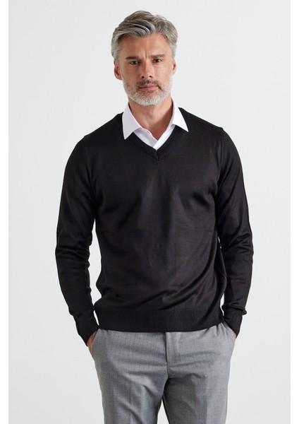 Erkek V Yaka Triko Kazak Günlük Kullanım İçin Orta Kalınlıkta Siyah indirimleri