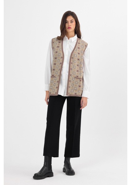 Kadın Taş monogram Desenli Cepli Triko Kilim Anne Yelek fırsatları