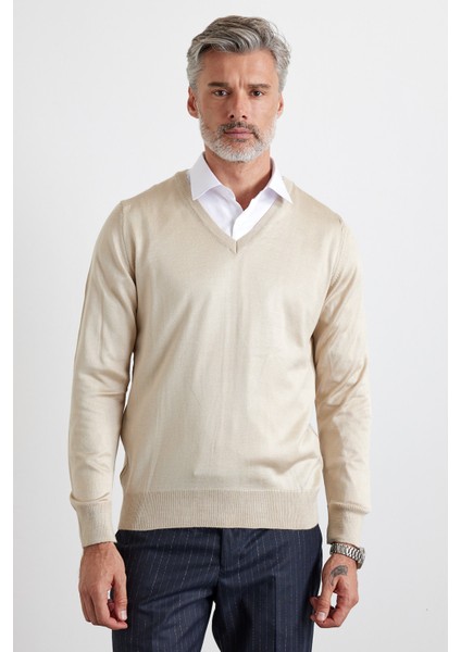 Erkek Büyük Beden Standart Fit Normal Kesim V Yaka Triko Kazak