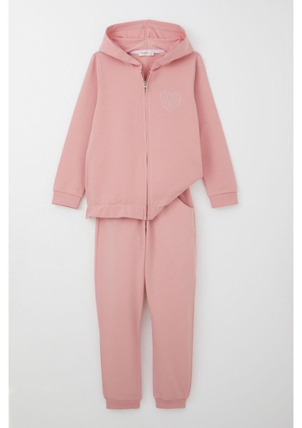 Kız Çocuk Eşofman Takım Taş Işlemeli Kalp 4-9 Yaş, Gülkurusu