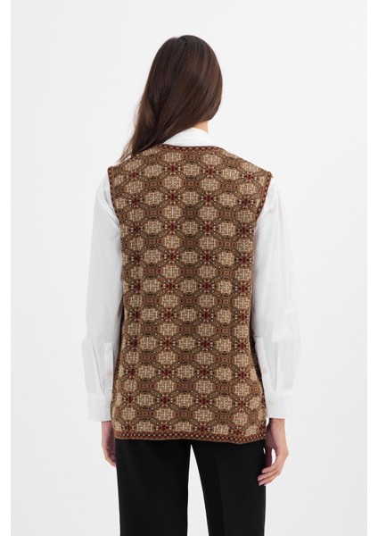 Kadın Vizon Monogram Desenli Cepli Triko Kilim Anne Yelek indirimleri