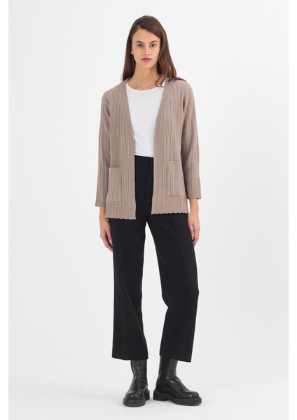 Kadın Kum Fitilli Düz Düğmesiz Cepli Anne Triko Hırka