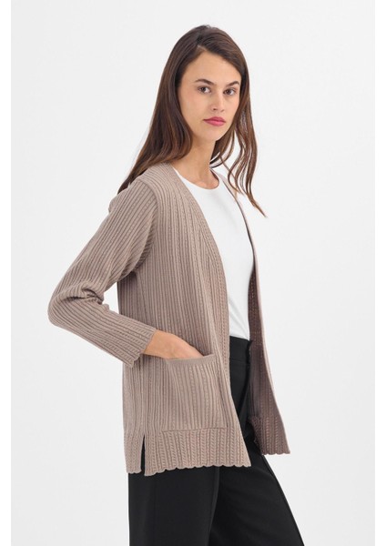 Kadın Kum Fitilli Düz Düğmesiz Cepli Anne Triko Hırka modelleri