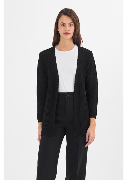 Kadın Siyah işlemeli Fitilli Düğmesiz Anne Triko Hırka