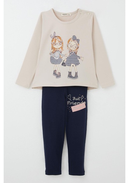 Kız Çocuk Taytlı Takım Dostluk Temalı Mutlu Kızlar Baskılı 2-6 Yaş, Bej