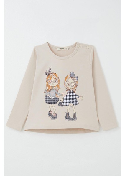 Kız Çocuk Taytlı Takım Dostluk Temalı Mutlu Kızlar Baskılı 2-6 Yaş, Bej