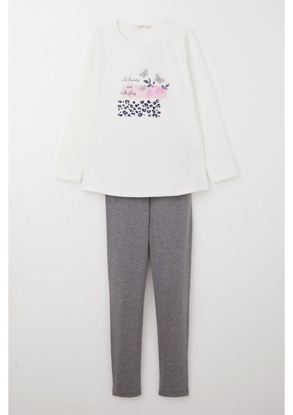 Kız Çocuk Taytlı Takım Çiçek & Simli Kelebek Baskılı 4-8 Yaş, Beyaz