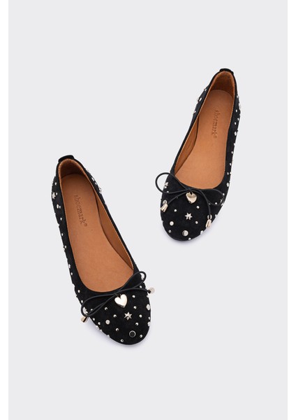 Fine Siyah Deri Süet Yıldız Trok Kadın Babet Ayakkabı modelleri