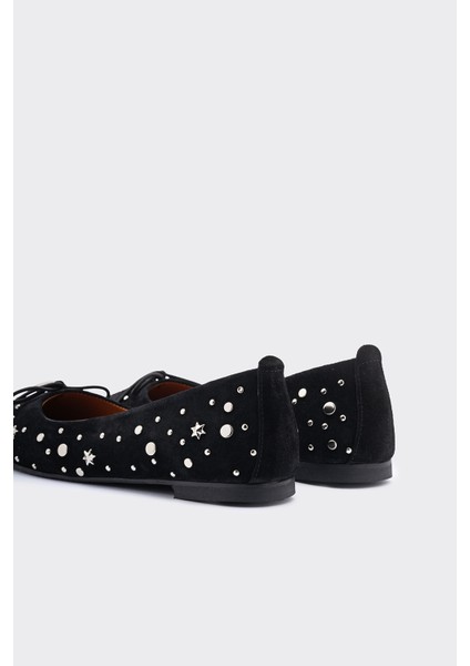 Fine Siyah Deri Süet Yıldız Trok Kadın Babet Ayakkabı fırsatları