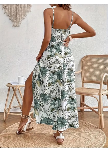 Butik Kadın Ip Askılı V Yakalı Bel Güpür Çiçek Desenli Yandan Yırtmaçlı Maksi Süprem Elbise
