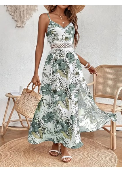 Butik Kadın Ip Askılı V Yakalı Bel Güpür Çiçek Desenli Yandan Yırtmaçlı Maksi Süprem Elbise