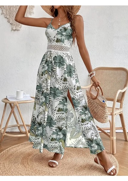Butik Kadın Ip Askılı V Yakalı Bel Güpür Çiçek Desenli Yandan Yırtmaçlı Maksi Süprem Elbise