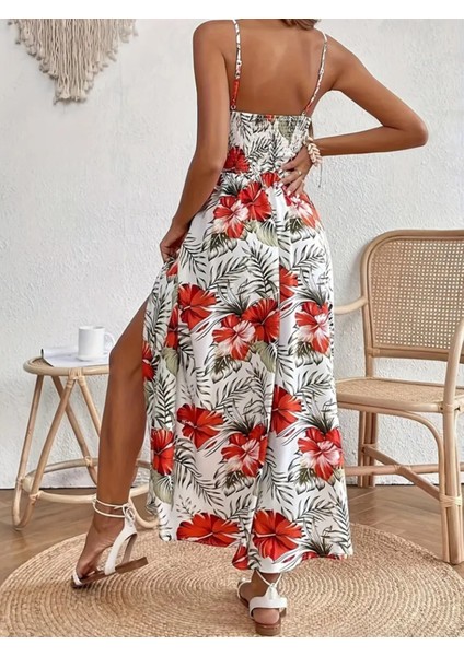 Butik Kadın Ip Askılı V Yakalı Bel Güpür Çiçek Desenli Yandan Yırtmaçlı Maksi Süprem Elbise
