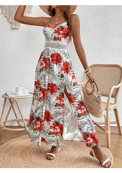 Butik Kadın Ip Askılı V Yakalı Bel Güpür Çiçek Desenli Yandan Yırtmaçlı Maksi Süprem Elbise