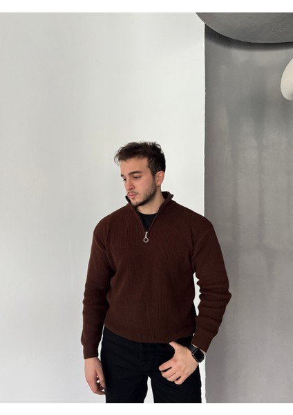 Erkek Yarım Fermuarlı Dik Yaka Kalın Kazak Triko