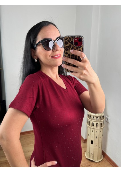Önü Taş Detaylı Kristal Kumaş Midi Boy Cepli Elbise