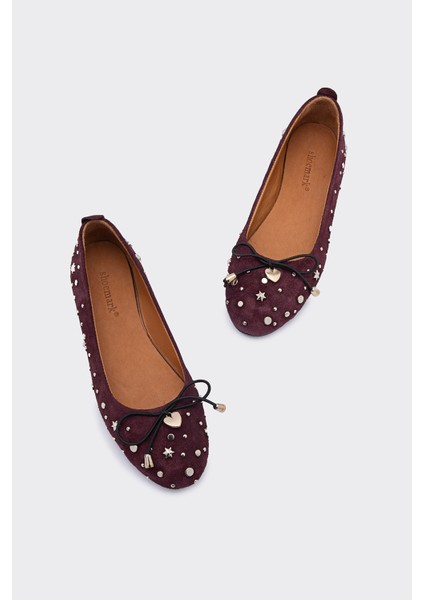 Fine Bordo Deri Süet Yıldız Trok Kadın Babet Ayakkabı modelleri