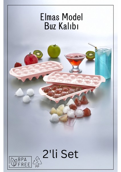 18 Bölmeli Elmas Model Buz Kalıbı / 2'li Set - Pembe