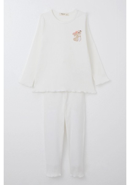 Kız Çocuk Taytlı Takım Sevimli Tavşancık Nakışlı 2-6 Yaş, Ekru