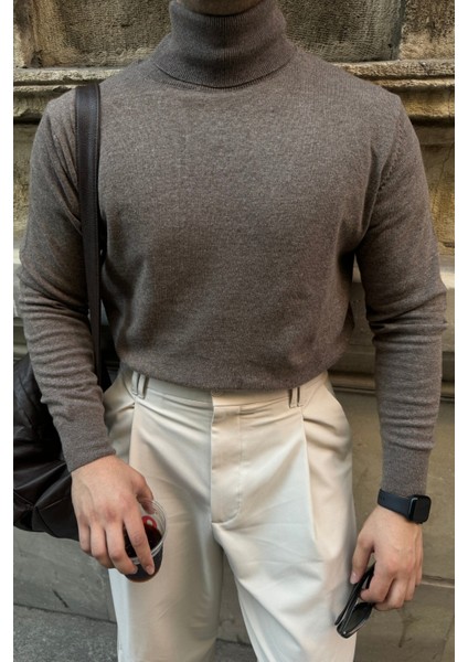 Erkek Yünlü Normal Kalıp Tam Balıkçı Boğazlı Yaka Triko Kazak