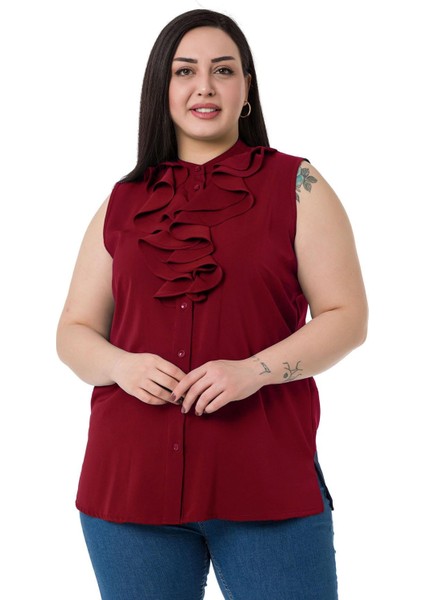 Büyük Beden Yakası Iki Kat Volanlı Düğmeli Kolsuz Bordo Gömlek