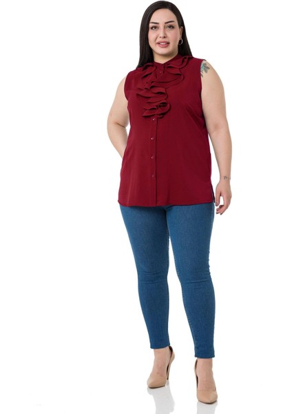 Büyük Beden Yakası Iki Kat Volanlı Düğmeli Kolsuz Bordo Gömlek fiyatları