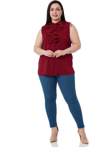 Büyük Beden Yakası Iki Kat Volanlı Düğmeli Kolsuz Bordo Gömlek fırsatları
