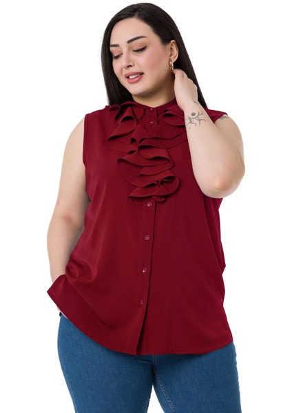 Büyük Beden Yakası Iki Kat Volanlı Düğmeli Kolsuz Bordo Gömlek indirimleri
