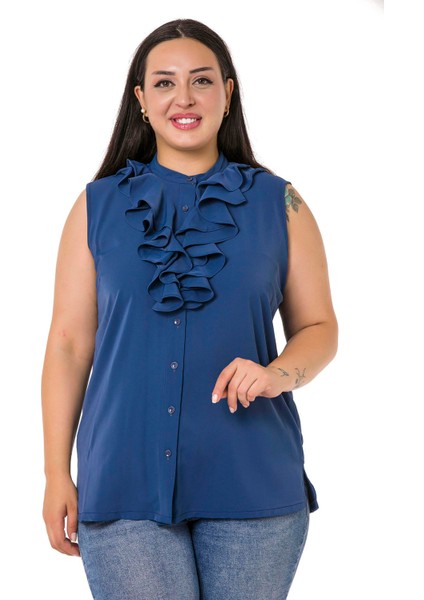 Büyük Beden Yakası Iki Kat Volanlı Düğmeli Kolsuz Saks Mavi Gömlek