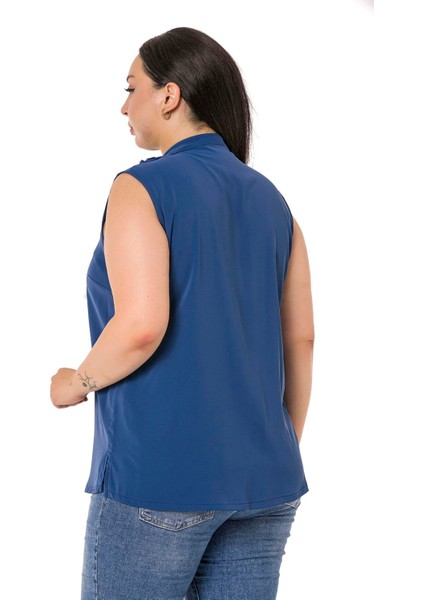 Büyük Beden Yakası Iki Kat Volanlı Düğmeli Kolsuz Saks Mavi Gömlek modelleri