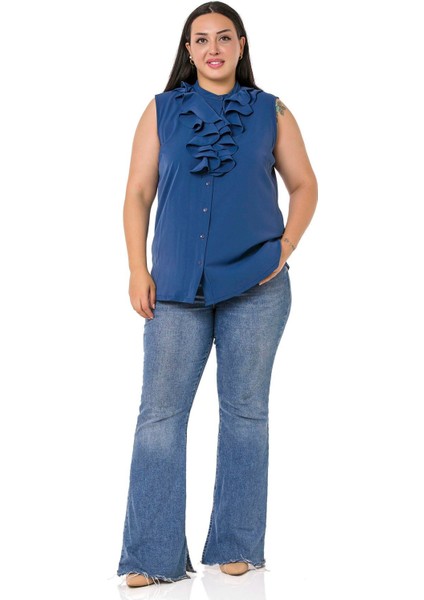 Büyük Beden Yakası Iki Kat Volanlı Düğmeli Kolsuz Saks Mavi Gömlek fırsatları