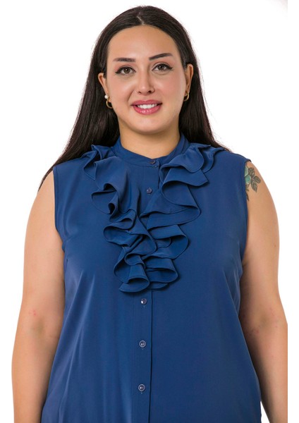 Büyük Beden Yakası Iki Kat Volanlı Düğmeli Kolsuz Saks Mavi Gömlek indirimleri