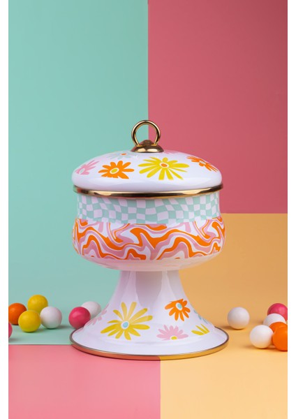 Retro Hippi 14 x 13 cm Dekoratif Emaye Kapaklı Şekerlik, Çikolata Sunumu, Çerezlik fiyatları