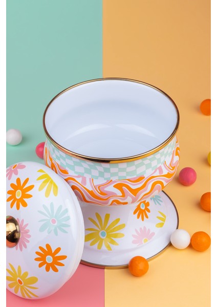 Retro Hippi 14 x 13 cm Dekoratif Emaye Kapaklı Şekerlik, Çikolata Sunumu, Çerezlik modelleri