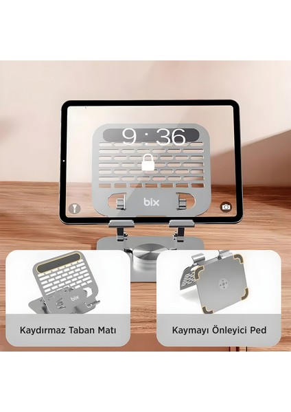 PS01 360° Dönebilen ve Isı Dağılımı Özellikli Katlanabilir Taşınabilir Ergonomik Metal Tablet Standı iPad Tutucu Gri